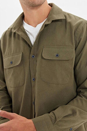 Moda Erkek Gömlek Yaka Düz Desen Günlük Regular Fit Çift Cep Kapaklı Kışlık Gömlek