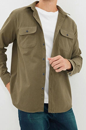 Moda Erkek Gömlek Yaka Düz Desen Günlük Regular Fit Çift Cep Kapaklı Kışlık Gömlek