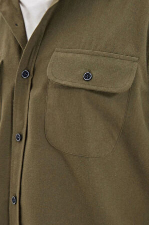 Moda Erkek Gömlek Yaka Düz Desen Günlük Regular Fit Çift Cep Kapaklı Kışlık Gömlek