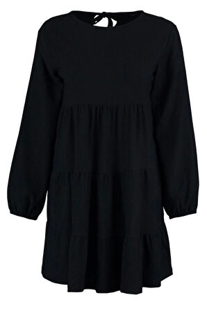 Moda Stil Relaxed Bisiklet Yaka Mini Boy Volanlı Skater Belden Açılan Bürümcük Dokulu Örme Elbise