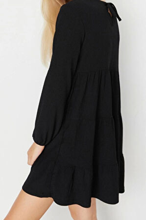 Moda Stil Relaxed Bisiklet Yaka Mini Boy Volanlı Skater Belden Açılan Bürümcük Dokulu Örme Elbise