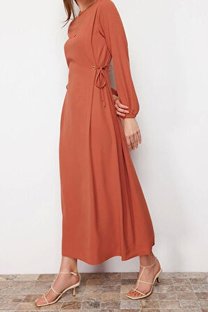 Moda Regular Casual Günlük Aerobin Dokuma Bisiklet Yaka Uzun Kol Shift Maxi Boy Tesettür Elbise