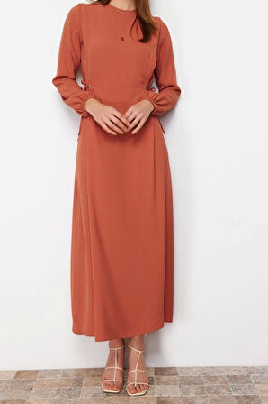 Moda Regular Casual Günlük Aerobin Dokuma Bisiklet Yaka Uzun Kol Shift Maxi Boy Tesettür Elbise