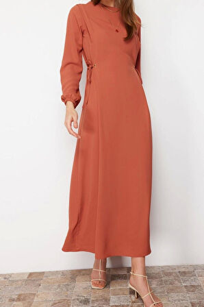 Moda Regular Casual Günlük Aerobin Dokuma Bisiklet Yaka Uzun Kol Shift Maxi Boy Tesettür Elbise