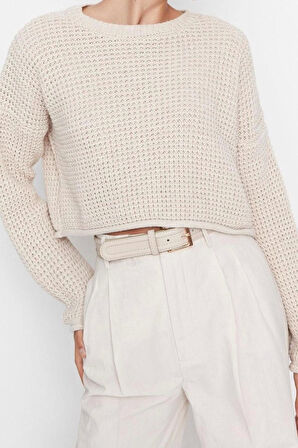 Stil Modern Kadın Crop Düşük Kol Bisiklet Yaka Geniş Kalıp Triko Kazak