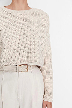 Stil Modern Kadın Crop Düşük Kol Bisiklet Yaka Geniş Kalıp Triko Kazak