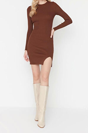 Moda Slim Gündüz Gece Tek Plaka Triko Bisiklet Yaka Uzun Kol Bodycone Mini Boy Elbise