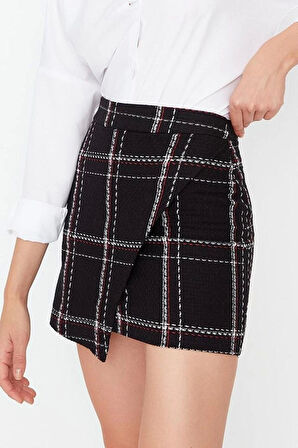 Moda Slim Fit Ekose Desen Şık Gece Mini Boy Kareli Tüvit Kumaş Kruvaze Mini Boy Dokuma Etek