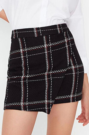 Moda Slim Fit Ekose Desen Şık Gece Mini Boy Kareli Tüvit Kumaş Kruvaze Mini Boy Dokuma Etek