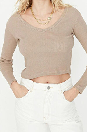 Stil Kadın 2li Paket Fitted Vücuda Oturan Fitilli Esnek Bluz Crop Örme Slim Kalıp