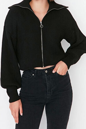 Kadın Modern Tarz Regular Dik Yaka Crop Triko Hırka