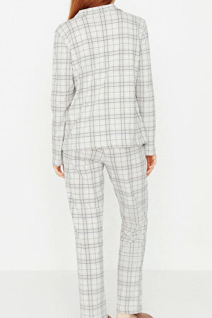 Tarz Rahat Uzun Kollu Boru Paça %100 Pamuklu Ekoseli Örme Pijama Takımı