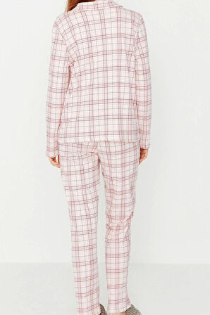 Tarz Rahat Uzun Kollu Boru Paça %100 Pamuklu Ekoseli Örme Pijama Takımı