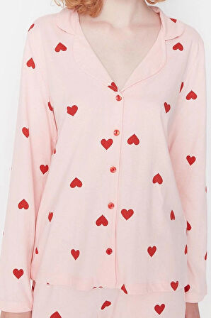 Tarz Rahat Uzun Kollu Boru Paça %100 Pamuklu Kalp Desenli Örme Pijama Takımı