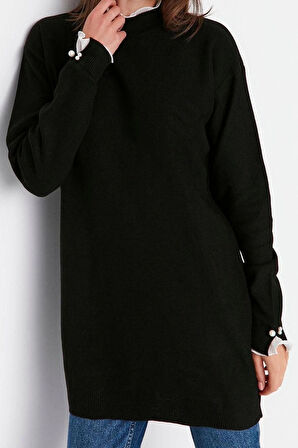 Kadın Modern Tarz Rahat Uzun Bisiklet Yaka Düz Kol Midi Triko Kazak