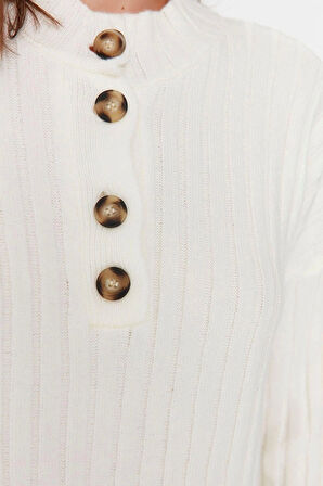 Kadın Modern Tarz Rahat Uzun Düğmeli Yaka Düz Kol Regular Triko Kazak