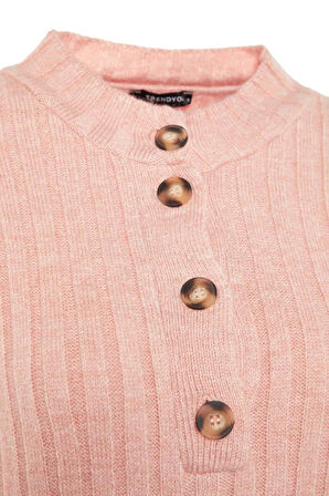 Kadın Modern Tarz Rahat Uzun Düğmeli Yaka Düz Kol Regular Triko Kazak