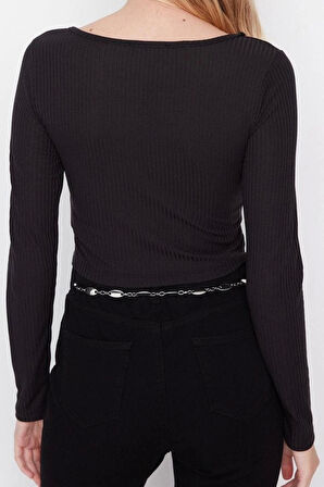 Stil Kadın Düğme Detaylı Fitted Vücuda Oturan Fitilli Esnek Bluz Crop Örme Slim Kalıp