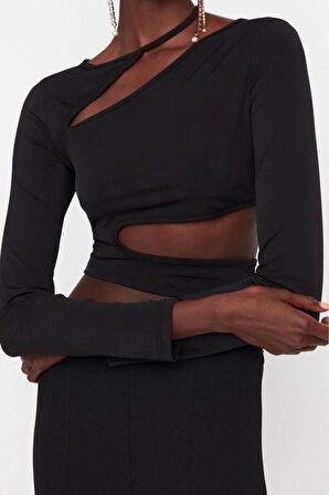 Moda Asimetrik Yaka Örme Slim Fit Düz Desen Şık gece Crop Uzun Kol Bluz
