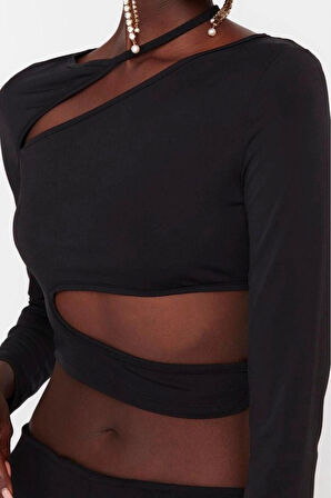 Moda Asimetrik Yaka Örme Slim Fit Düz Desen Şık gece Crop Uzun Kol Bluz