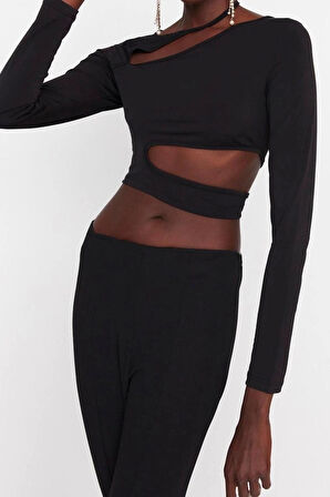 Moda Asimetrik Yaka Örme Slim Fit Düz Desen Şık gece Crop Uzun Kol Bluz
