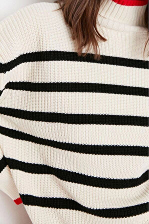 Kadın Modern Tarz Rahat Uzun Dik Yaka Renk Bloklu Kol Regular Triko Kazak