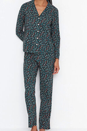 Tarz Rahat Uzun Kollu Boru Paça %100 Pamuk Penguen Desenli Kış Temalı Örme Pijama Takımı