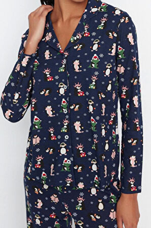 Tarz Rahat Uzun Kollu Boru Paça %100 Pamuk Penguen Desenli Kış Temalı Örme Pijama Takımı