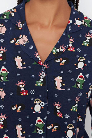 Tarz Rahat Uzun Kollu Boru Paça %100 Pamuk Penguen Desenli Kış Temalı Örme Pijama Takımı