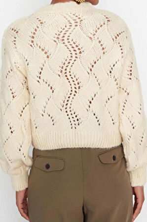 Kadın Modern Tarz Rahat Uzun Dik Yaka Ajurlu Kol Crop Triko Kazak