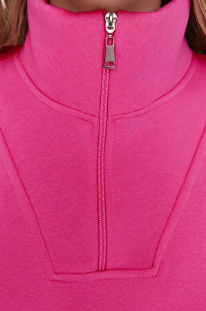Fermuarlı Yaka Düşük Kol Geniş Kalıp Fermuarlı Kalın İçi Polarlı Örme Sweatshirt