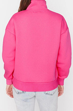 Fermuarlı Yaka Düşük Kol Geniş Kalıp Fermuarlı Kalın İçi Polarlı Örme Sweatshirt