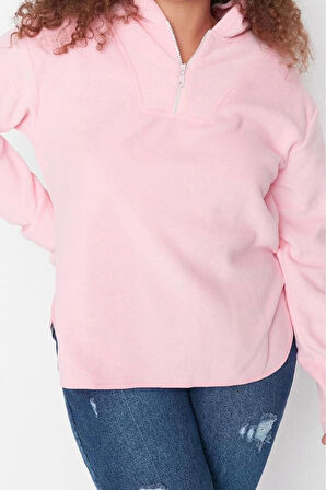 Büyük Beden Tarz Oversize Kapüşonlu Düşük Kol Regular Kalın Polar Örme Sweatshirt