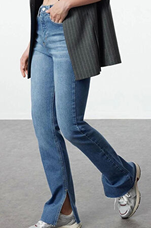 Stil Kadın Moda Denim Kot Pantolon Regular Boru Paça Yırtmaçlı Yüksek Bel Jeans