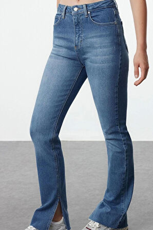 Stil Kadın Moda Denim Kot Pantolon Regular Boru Paça Yırtmaçlı Yüksek Bel Jeans