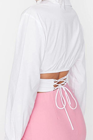 Moda Kadın Gömlek Yaka Düz Desen Şık Gece Crop Astarlı Korse Detaylı Dokuma Poplin Gömlek