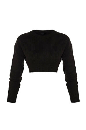 Stil Modern Kadın Crop Düşük Kol Bisiklet Yaka Super Basic Triko Kazak