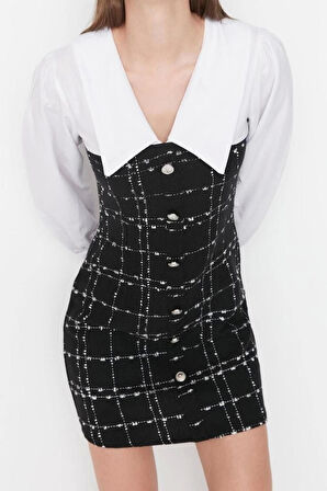 Moda Regular Gündüz Gece Tüvit Dokuma Gömlek Yaka Uzun Kol Bodycone Mini Boy Elbise