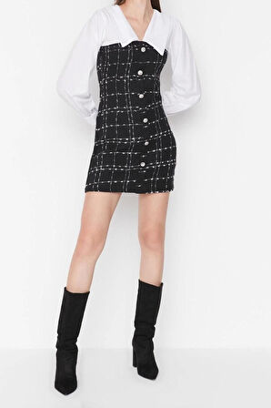 Moda Regular Gündüz Gece Tüvit Dokuma Gömlek Yaka Uzun Kol Bodycone Mini Boy Elbise