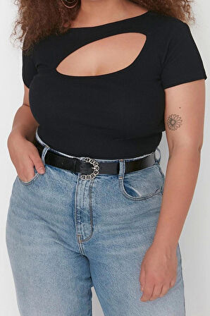 Moda Büyük Beden Bisiklet Yaka Örme Fit Düz Desen Casual Günlük Crop Kısa Kol Bluz