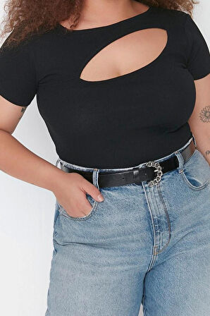 Moda Büyük Beden Bisiklet Yaka Örme Fit Düz Desen Casual Günlük Crop Kısa Kol Bluz