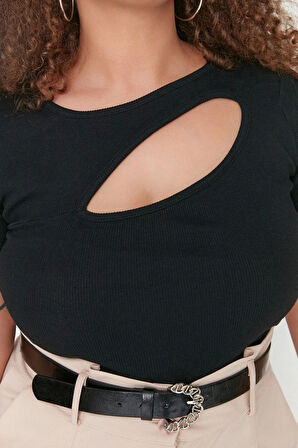 Moda Büyük Beden Bisiklet Yaka Örme Fit Düz Desen Casual Günlük Crop Kısa Kol Bluz