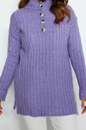 Kadın Modern Tarz Rahat Uzun Düğmeli Yaka Düz Kol Regular Triko Kazak