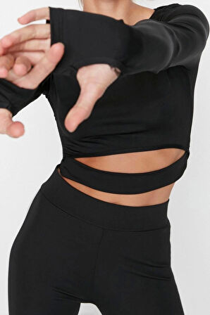 Moda Bisiklet Yaka Örme Fit Düz Desen Sportswear Crop Uzun Kol Bluz