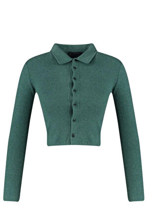 Stil Kadın Düğme Detaylı Vücuda Oturan Polo Yaka Fitilli Esnek Bluz Crop Örme Slim Kalıp