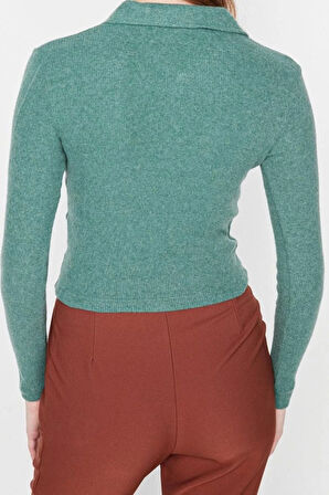 Stil Kadın Düğme Detaylı Vücuda Oturan Polo Yaka Fitilli Esnek Bluz Crop Örme Slim Kalıp