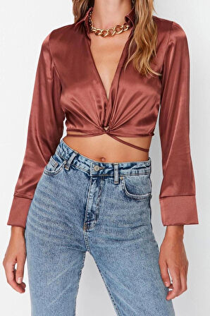 Moda Gömlek Yaka Dokuma Fit Düz Desen Şık gece Regular Uzun Kol Bluz