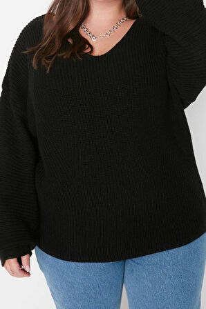 Büyük Beden Kadın Modern Tarz Rahat Uzun V Yaka Düz Kol Regular Triko Kazak