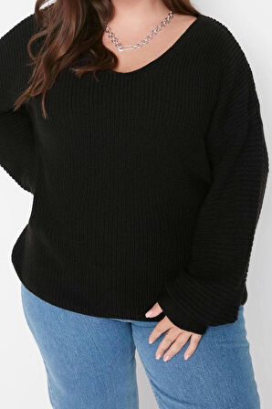 Büyük Beden Kadın Modern Tarz Rahat Uzun V Yaka Düz Kol Regular Triko Kazak