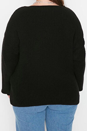 Büyük Beden Kadın Modern Tarz Rahat Uzun V Yaka Düz Kol Regular Triko Kazak